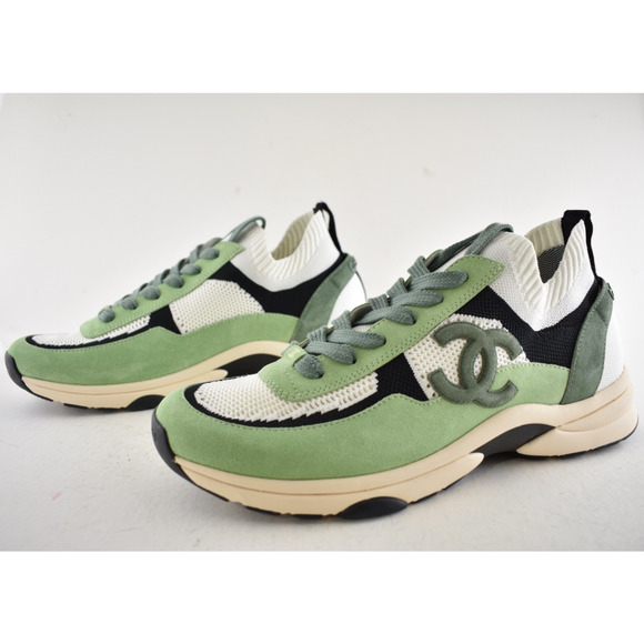 Chanel 22C Mens Green White Black Suede Knit CC Logo Low Trainer Sneaker 44 11 - Picture 10 of 13